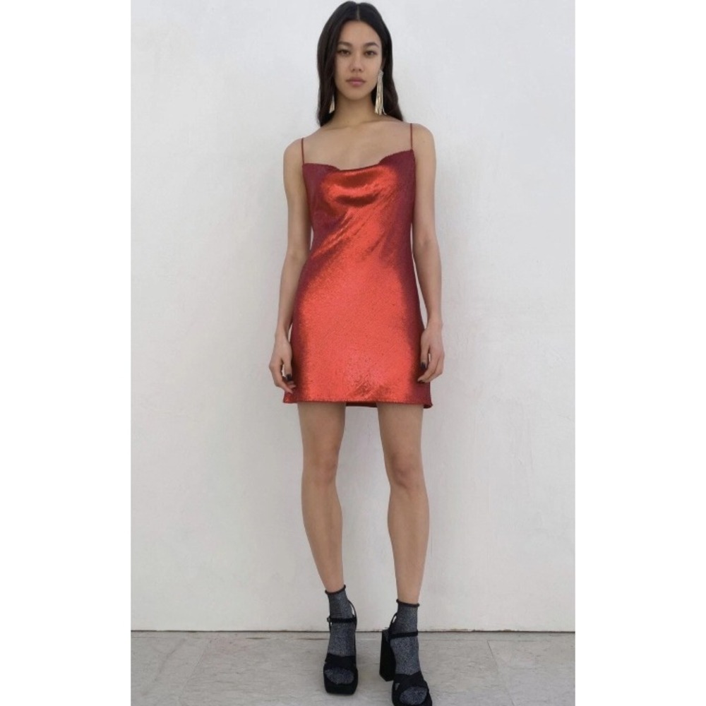 Zara Mini Cocktail Club Dress Red Sequin Strappy Draped Cowl Neck Mini NWT Sz M